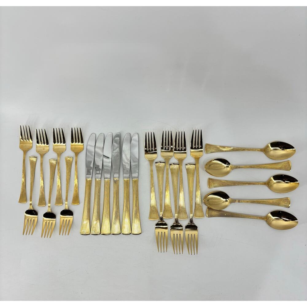 Golden Barclay Gold Tone Flatware 25 Pcs Hollywood Regency Fork Spoon - Picture 10 of 10